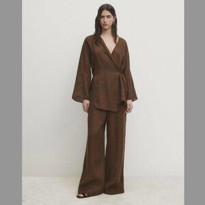 NWT Massimo Dutti Brown 100% Linen Flowing Crossover Kimono With Vent //Sz Small